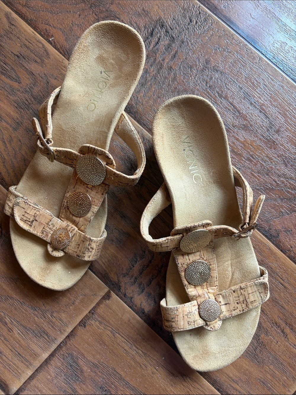 Vionic Tan Cork-Style Slide Sandals with Button Accents - Size 8